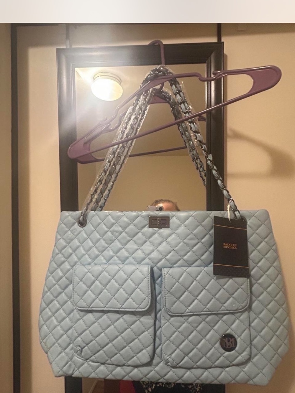 Badgley Mischka Quilted Pale Blue Chain-Handle Tote